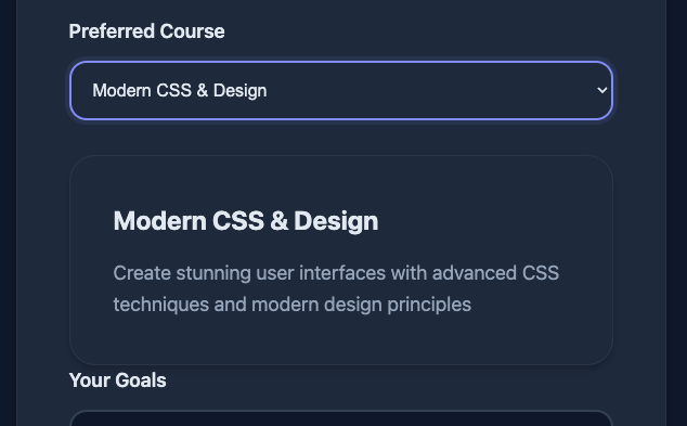 Lorsque l'utilisateur sélectionne un cours, une carte de résumé du cours apparaît sous sa sélection