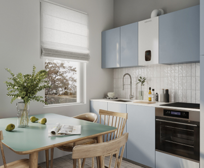 Photographie d'une chaudière murale installée au-dessus d'un plan de travail dans une cuisine