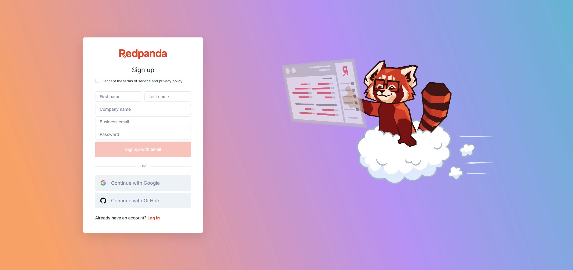 Capture d'écran de la page d’inscription à Redpanda, avec des champs pour prénom, nom, entreprise, adresse et mot de passe.