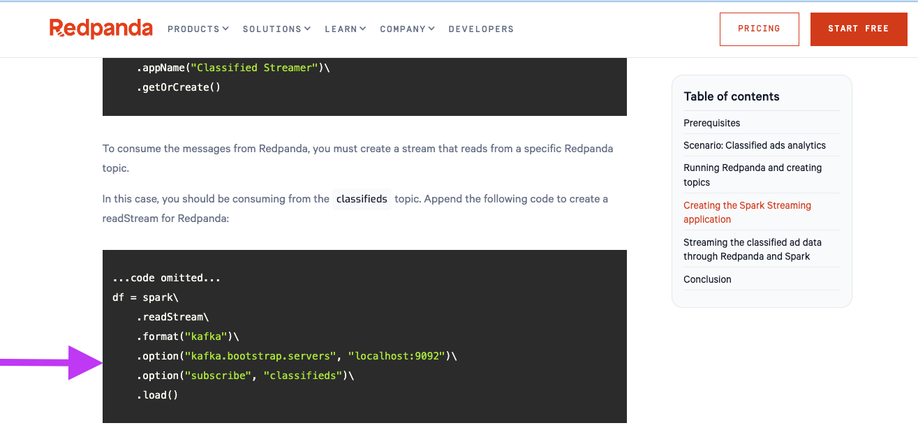 Arrêtez-vous à l’extrait de code lié à “create a readStream for Redpanda.”
