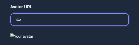 L'aperçu de l'avatar de l'utilisateur montre une erreur tant que l'URL est incomplet