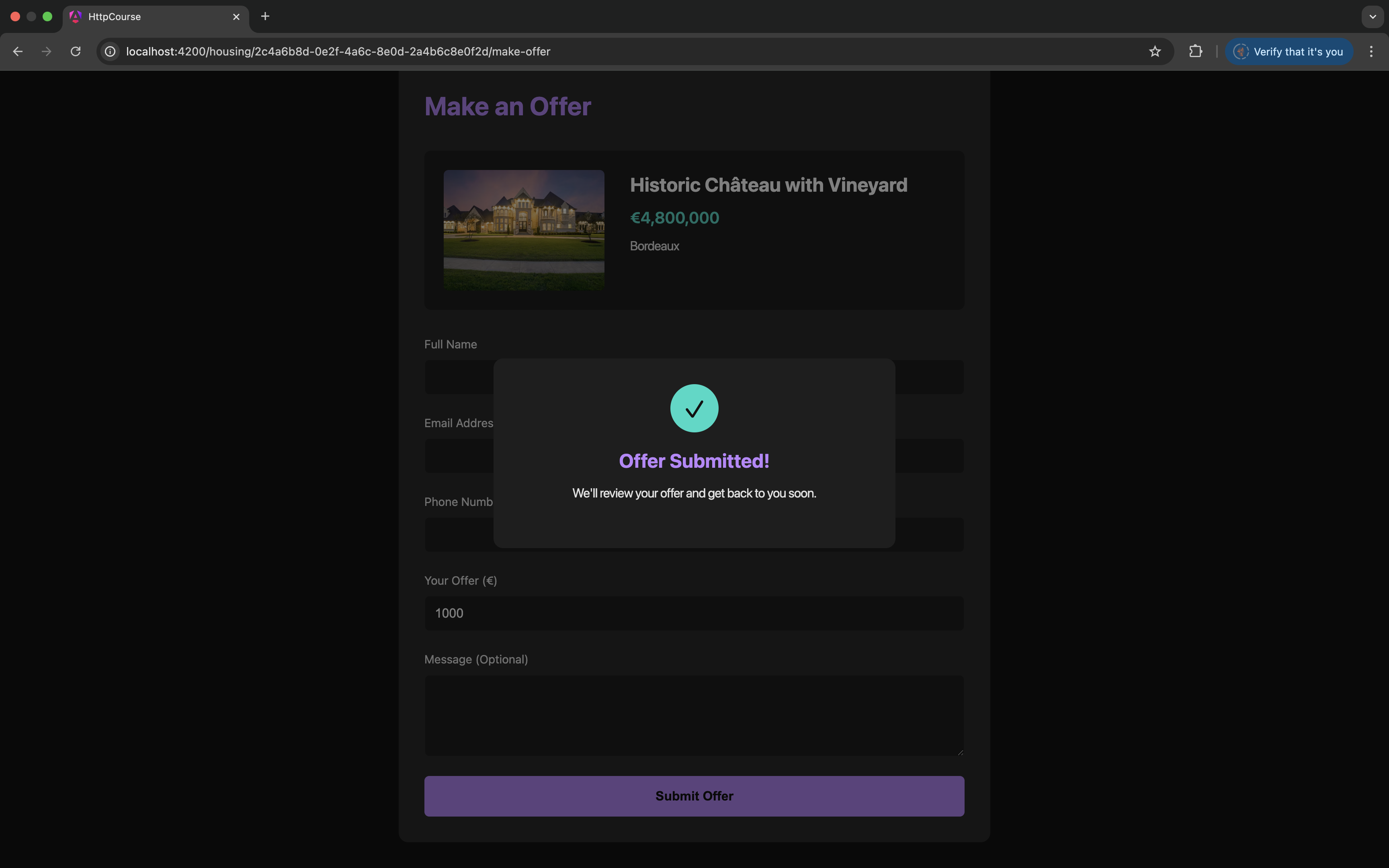 Un modal de succès, expliquant à l'utilisateur que son offre a bien été soumis