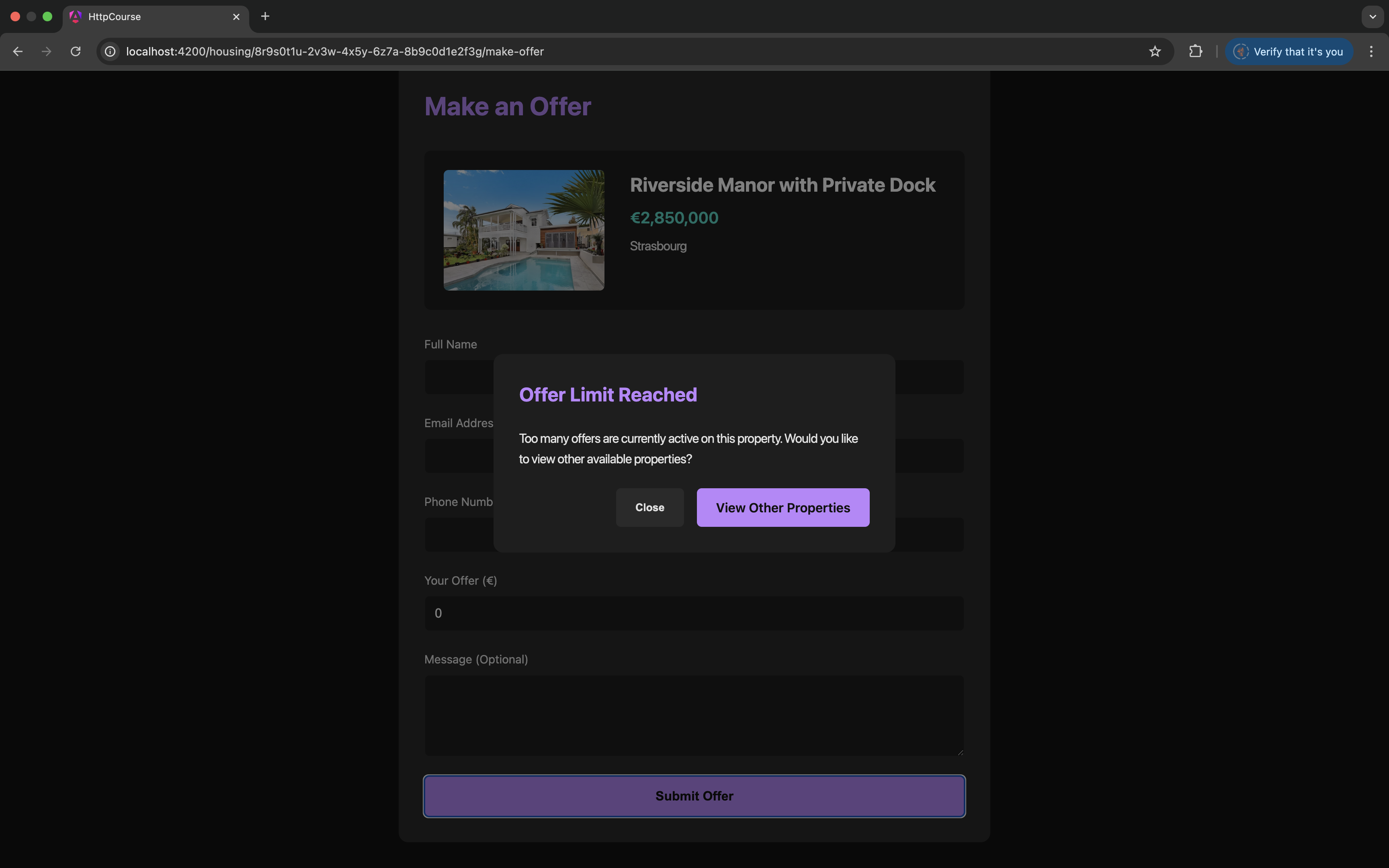 Un modal d'erreur qui explique à l'utilisateur que la limite d'offres a été atteinte, et qui lui propose de regarder les autres biens disponibles
