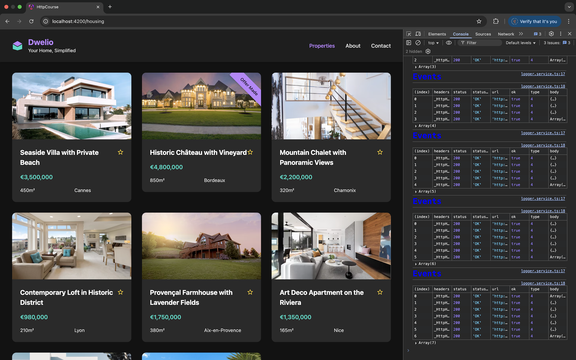 La console montre des tables de réponses HTTP