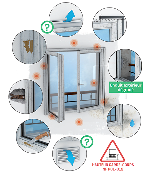 Fenêtre dégradée avec multiples défauts visibles : peinture écaillée, moisissures, infiltration d’eau, fissures, corrosion, problème de ventilation et non-conformité de la hauteur du garde-corps.