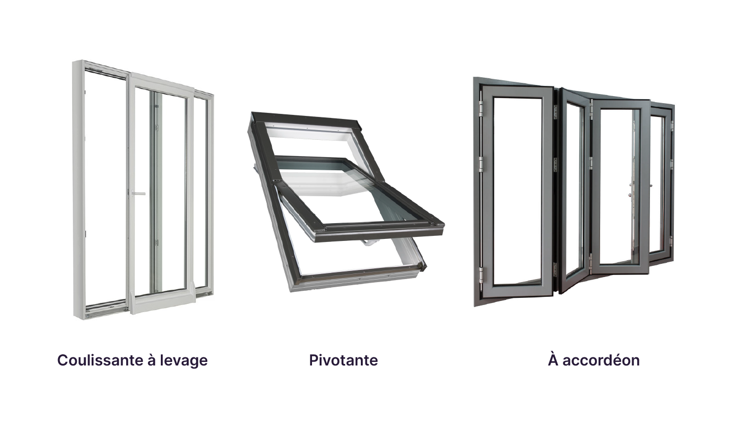 Illustration de trois types d’ouvertures de fenêtres : coulissante à levage, pivotante et à accordéon, avec visualisation claire de chaque mécanisme.