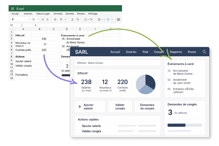 Comparaison entre un tableau Excel listant des données RH et une interface logicielle moderne affichant les mêmes informations de manière visuelle et interactive.