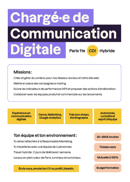 Affiche de recrutement pour un poste de chargé·e de communication digitale en CDI à Paris, avec missions, compétences requises, conditions de travail et avantages mis en avant.
