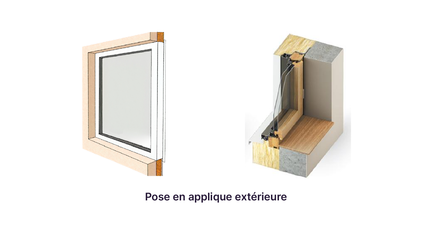Illustration fenêtre en coupe posée en applique extérieure, avec l’isolation placée à l’intérieur du mur et appui en bois visible côté intérieur.