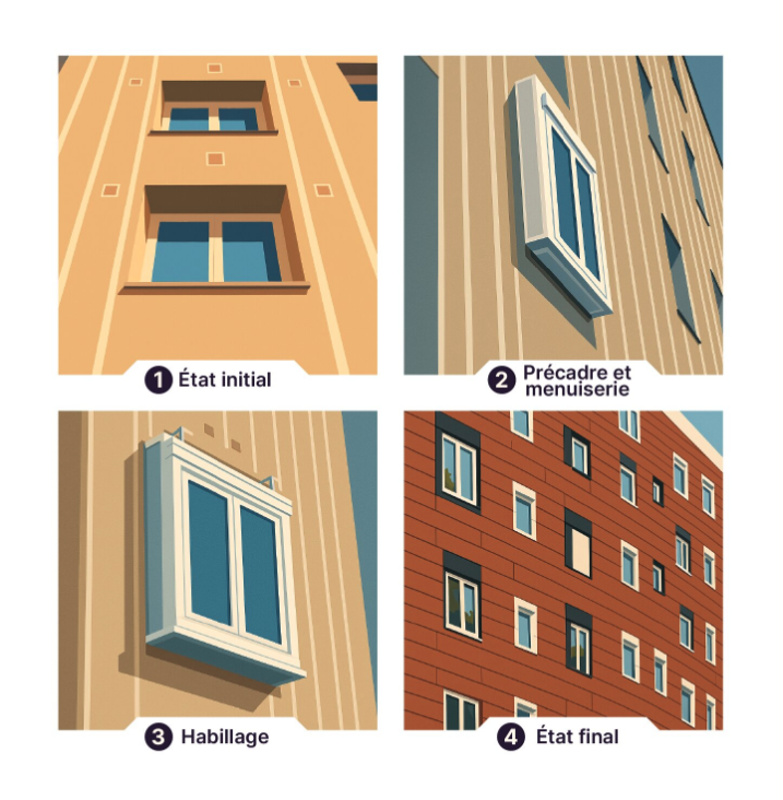 1. Bâtiment d’origine, 2. Pose du précadre et de la menuiserie, 3. Habillage de la fenêtre, 4. Façade finale isolée et modernisée.