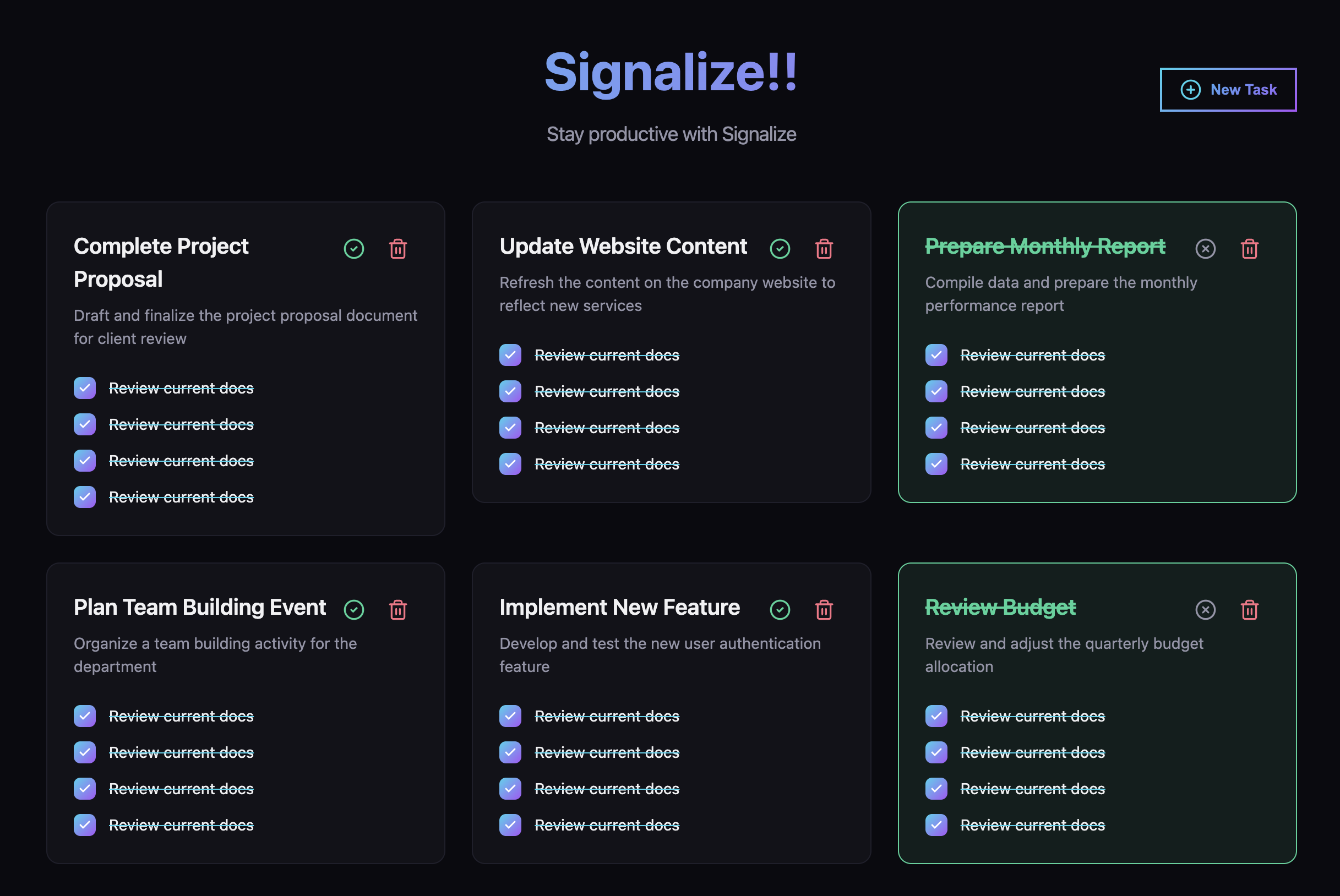 Les tâches s'affichent avec leurs titres et descriptions respectifs