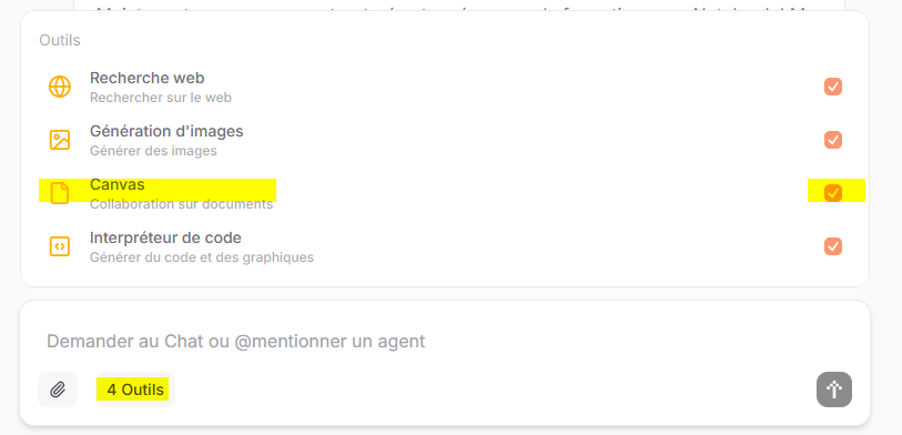 Au-dessous de la zone pour écrire des instructions, on peut cliquer sur outil pour ouvrir une fenêtre montrant les outils utilisés, dont Canvas.