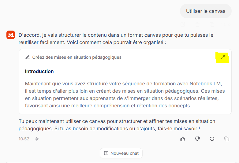 Au sein de la conversation en cours avec Le Chat on peut ouvrir le Canvas en cliquant sur l'icône des flèches pour agrandir la fenêtre..