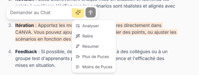 Lorsque l'on clique sur Demander au Chat, les options s'affichent dans une liste déroulante : analyser, résumer, relire, plus de puces, moins de puces.