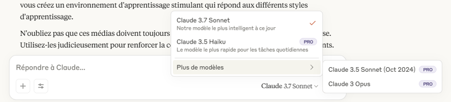 Au-dessous de la zone de texte, on peut choisir le modèle Claude qui convient le mieux.