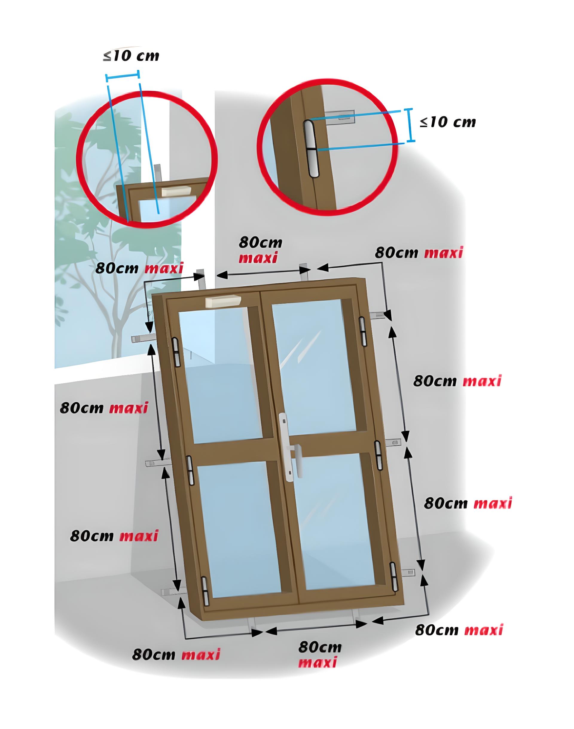 Schéma de fixation d’une fenêtre avec chevilles espacées de 80 cm maximum sur le pourtour. Les pattes de fixation sont à moins de 10 cm des angles et poignées, selon les règles de pose.