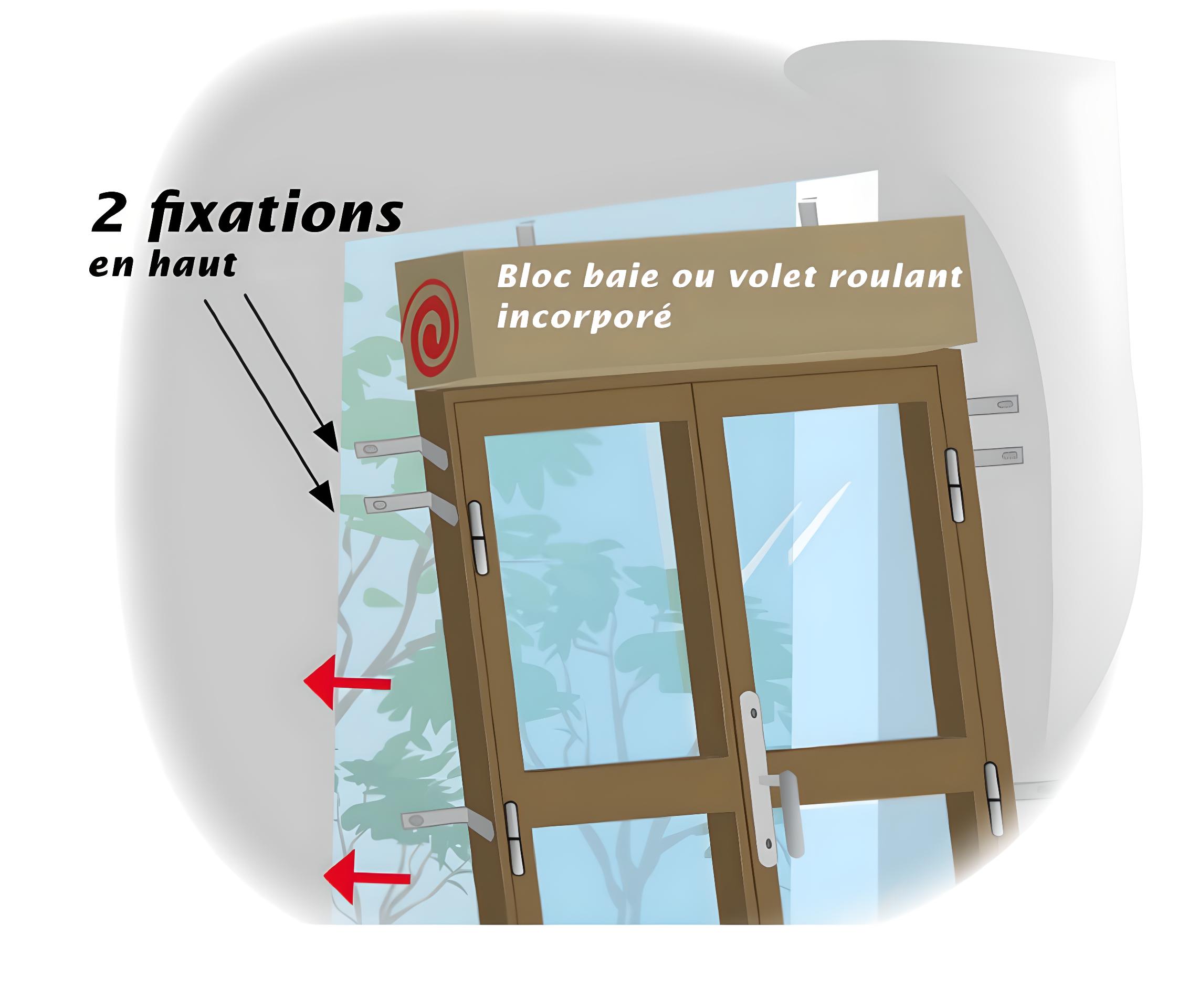 Schéma montrant la pose d’un bloc baie ou volet roulant incorporé, fixé avec deux pattes en haut et plusieurs fixations latérales réparties sur les montants de la menuiserie.