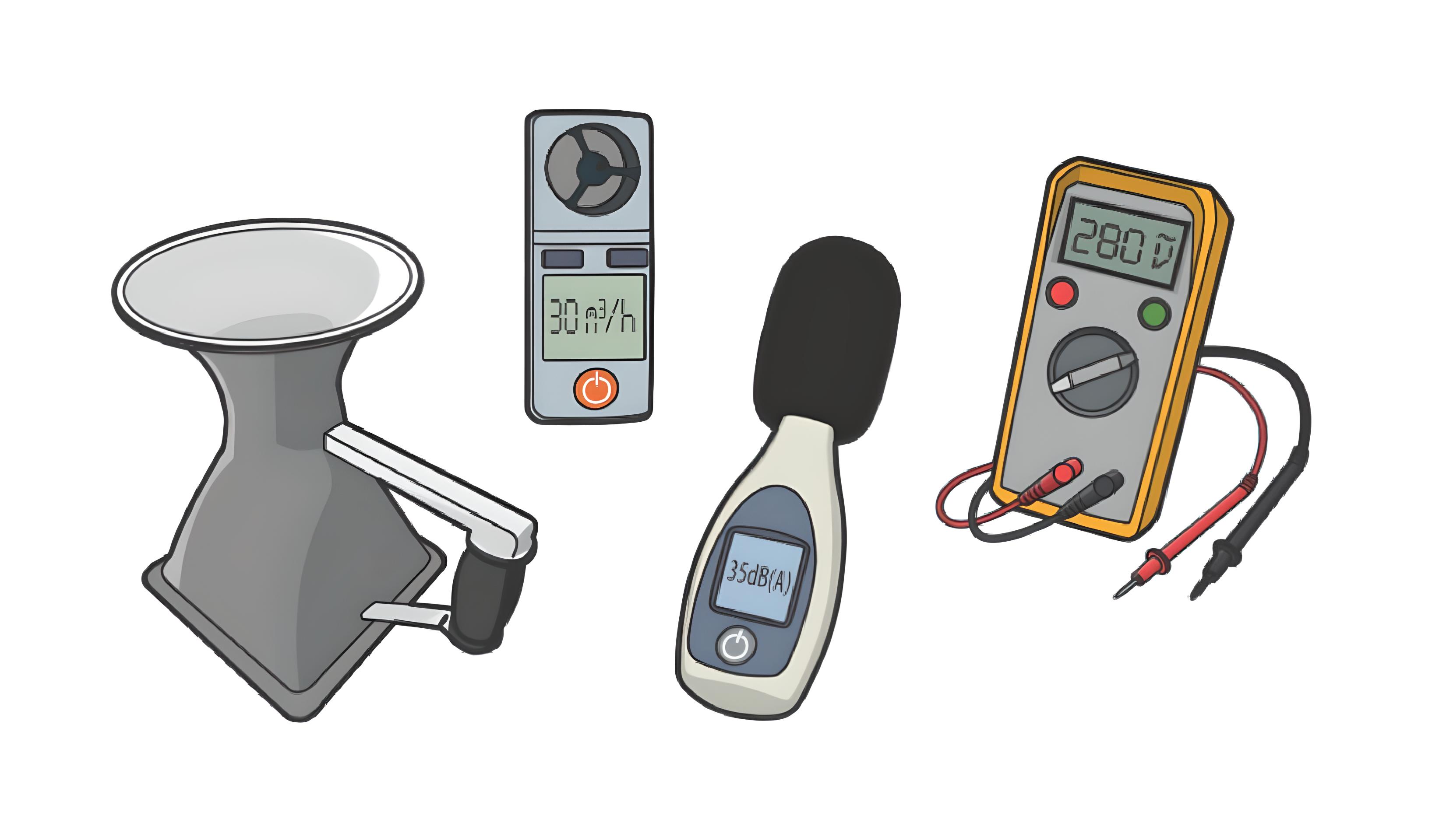 Illustration de quatre instruments de mesure : une poire de mesure de débit, un anémomètre, un sonomètre affichant 35 dB(A), et un multimètre affichant 280 ohms.