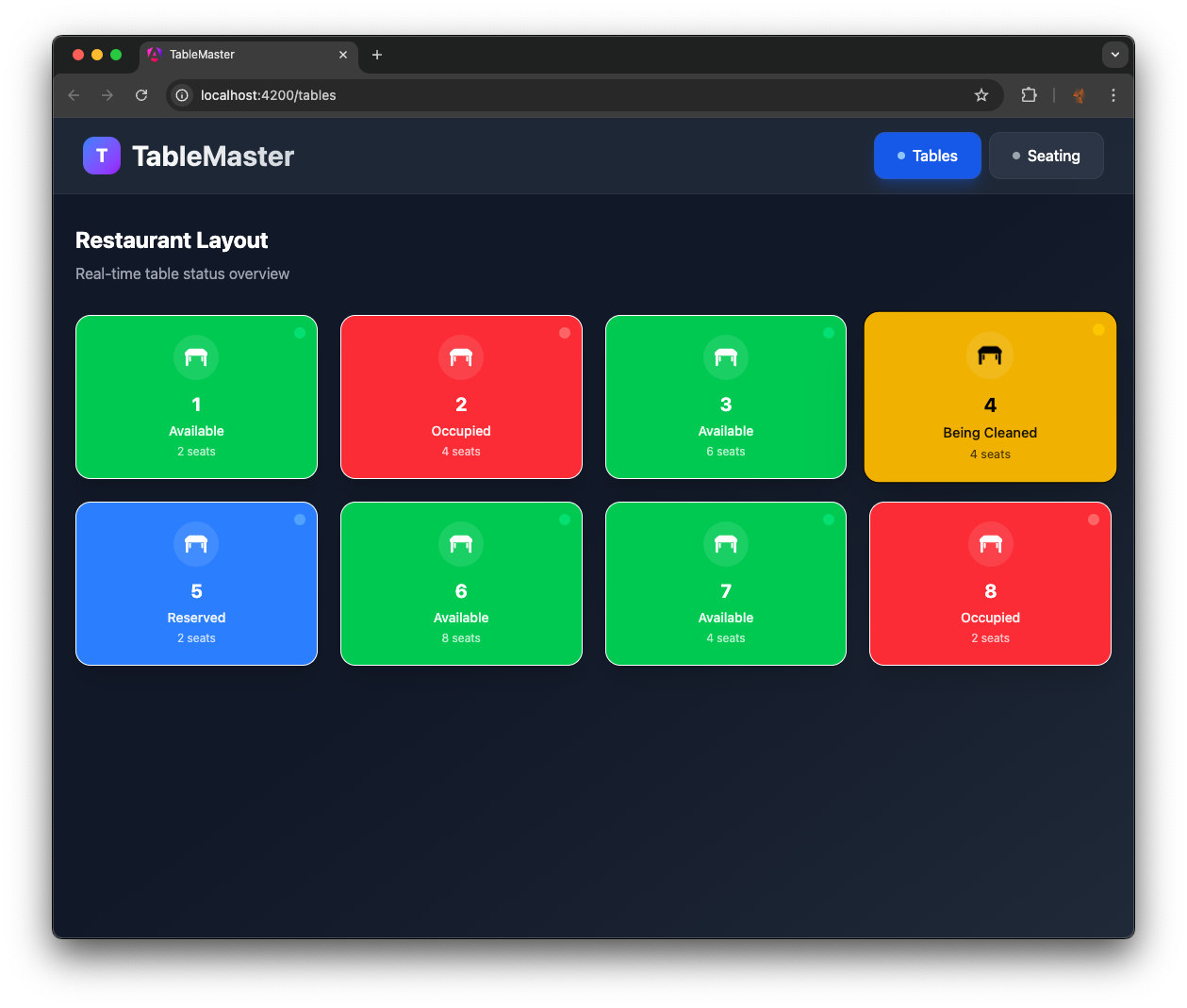 Un écran de l'application où l'utilisateur voit le statut de toutes les tables du restaurant