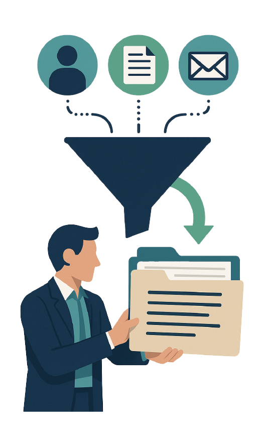 Illustration d’un entonnoir de collecte de données : icônes de profil, document et e-mail entrant dans un entonnoir, avec un homme en costume tenant un dossier contenant les données triées.