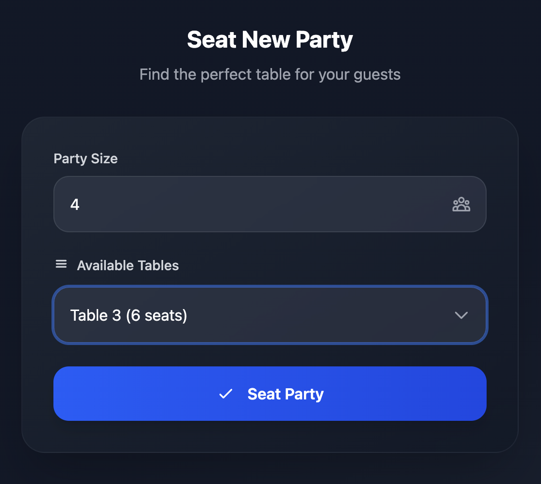 Le serveur a sélectionné la table 3 pour un groupe de 4 personnes à l'aide du formulaire