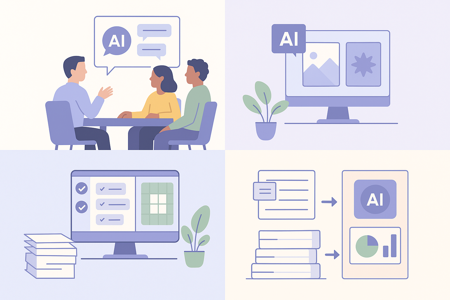 Illustration en quatre vignettes : des personnes discutent d’IA, un écran montre une IA générant des images, un autre affiche des tâches organisées, et enfin, des données sont transformées en résultats visuels par une IA.