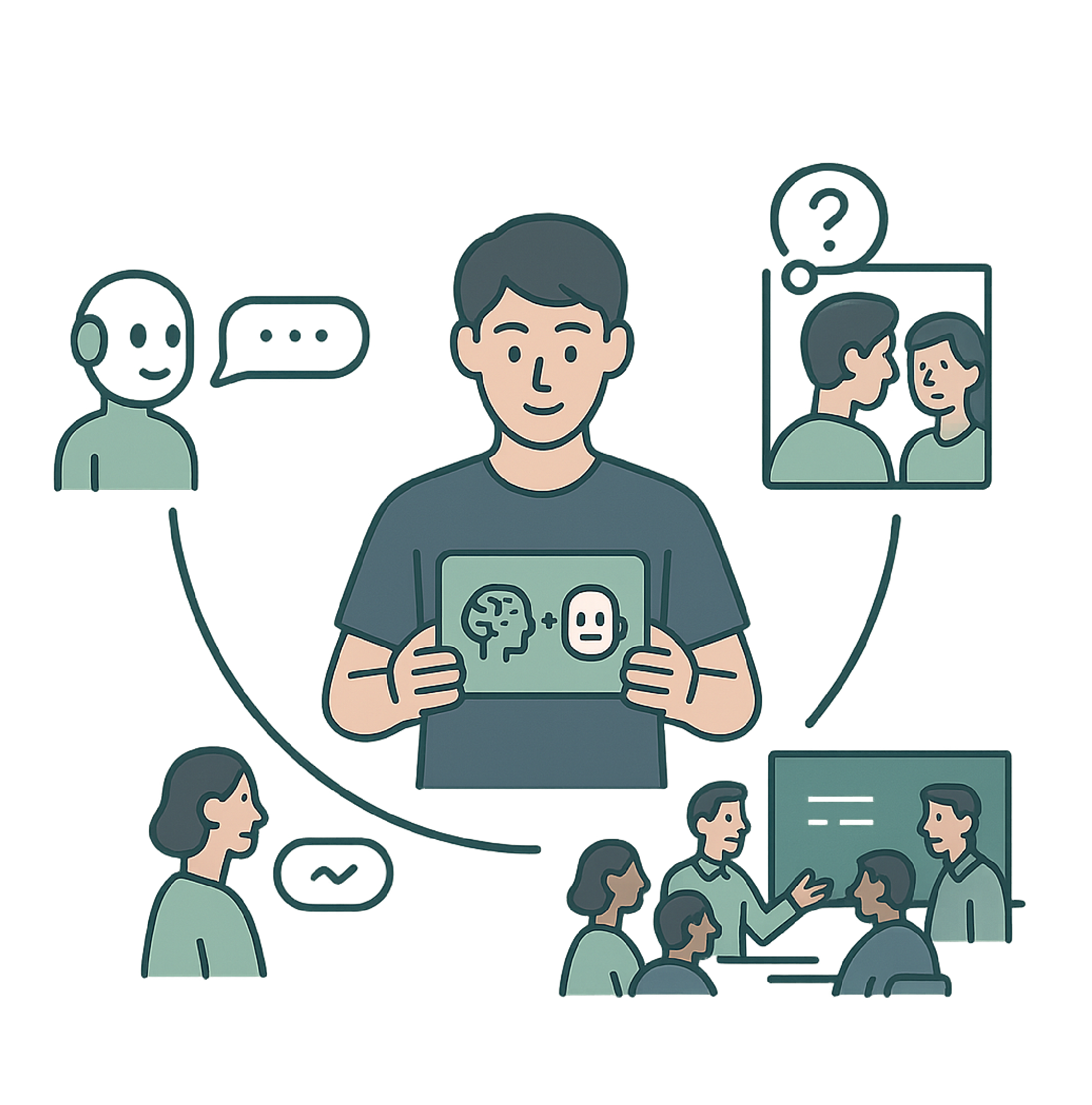 Illustration d’un homme tenant une tablette avec des icônes de cerveau et de robot, entouré de scènes représentant l’interaction homme-IA, la discussion, l’apprentissage et la collaboration.
