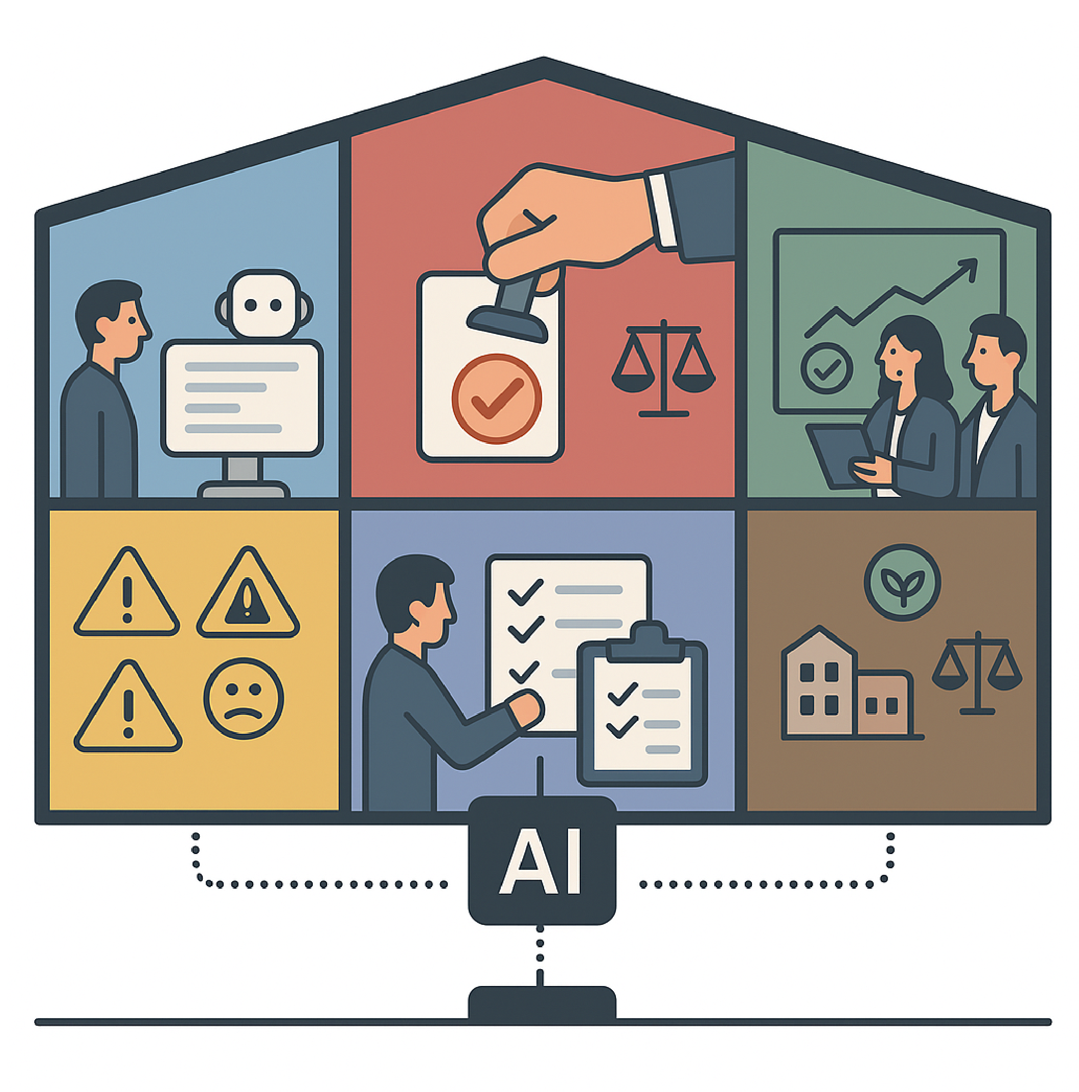 Illustration représentant une maison divisée en sections symbolisant l’utilisation responsable de l’IA : interaction homme-machine, validation, justice, éthique, évaluation des risques, durabilité et conformité, toutes reliées à une IA central