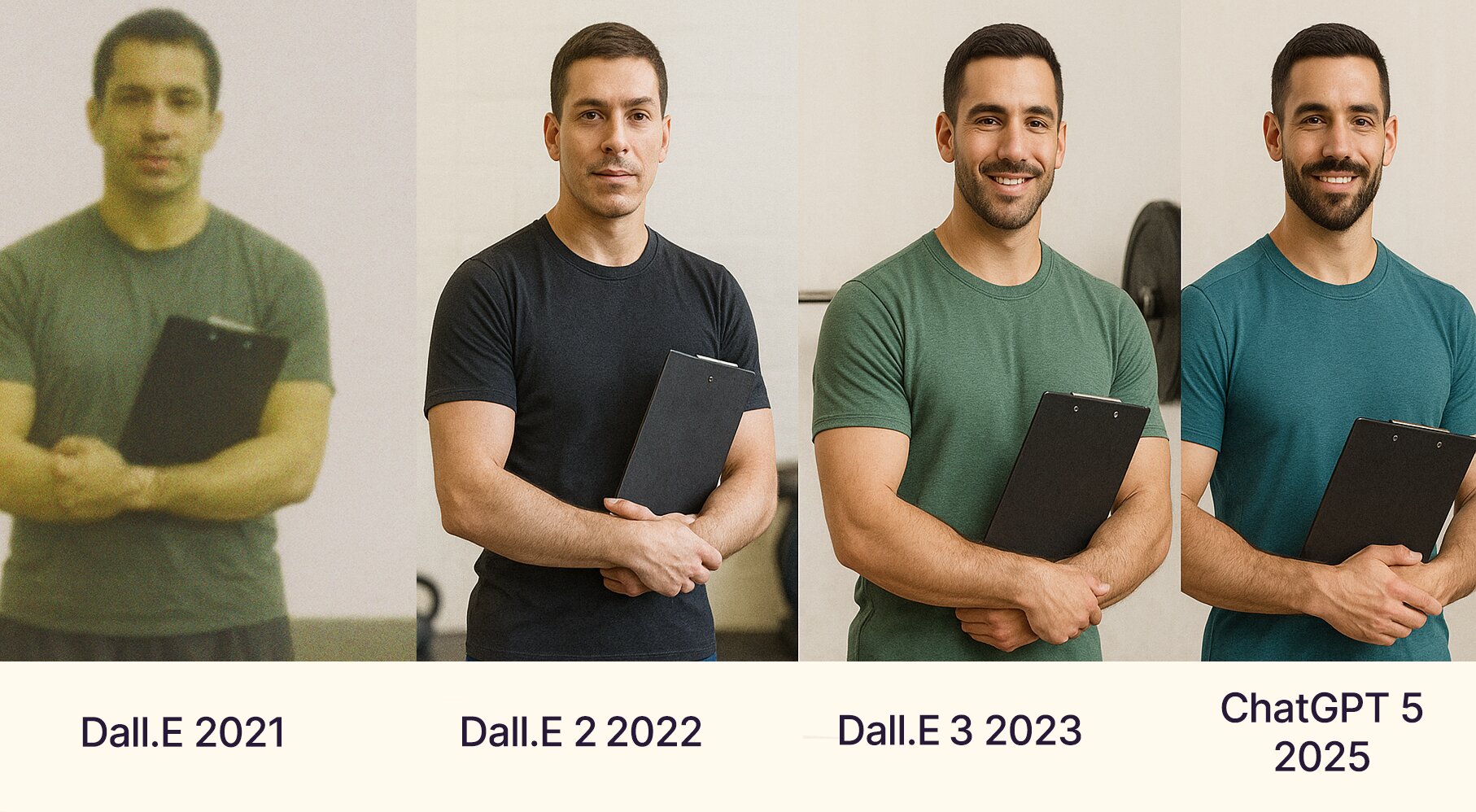 Image comparative montrant l’évolution de la qualité des générations d’images IA de 2021 à 2025 : un homme tenant une planchette apparaît de plus en plus net et réaliste, de DALL·E 2021 à ChatGPT 5 (2025).