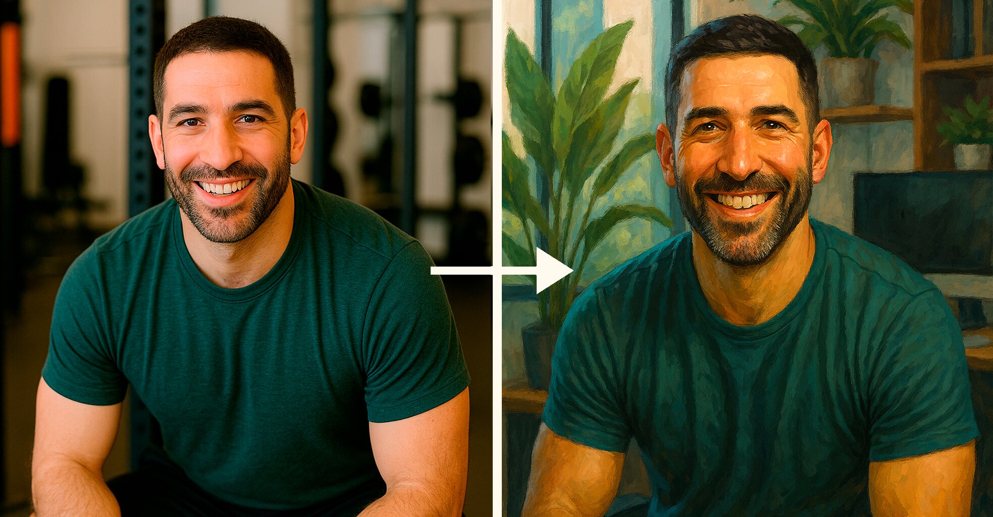 Image divisée en deux parties : à gauche, une photo réaliste d’un homme souriant en t-shirt vert dans une salle de sport ; à droite, une version peinte de la même scène, dans un style artistique, avec un décor intérieur végétalisé.
