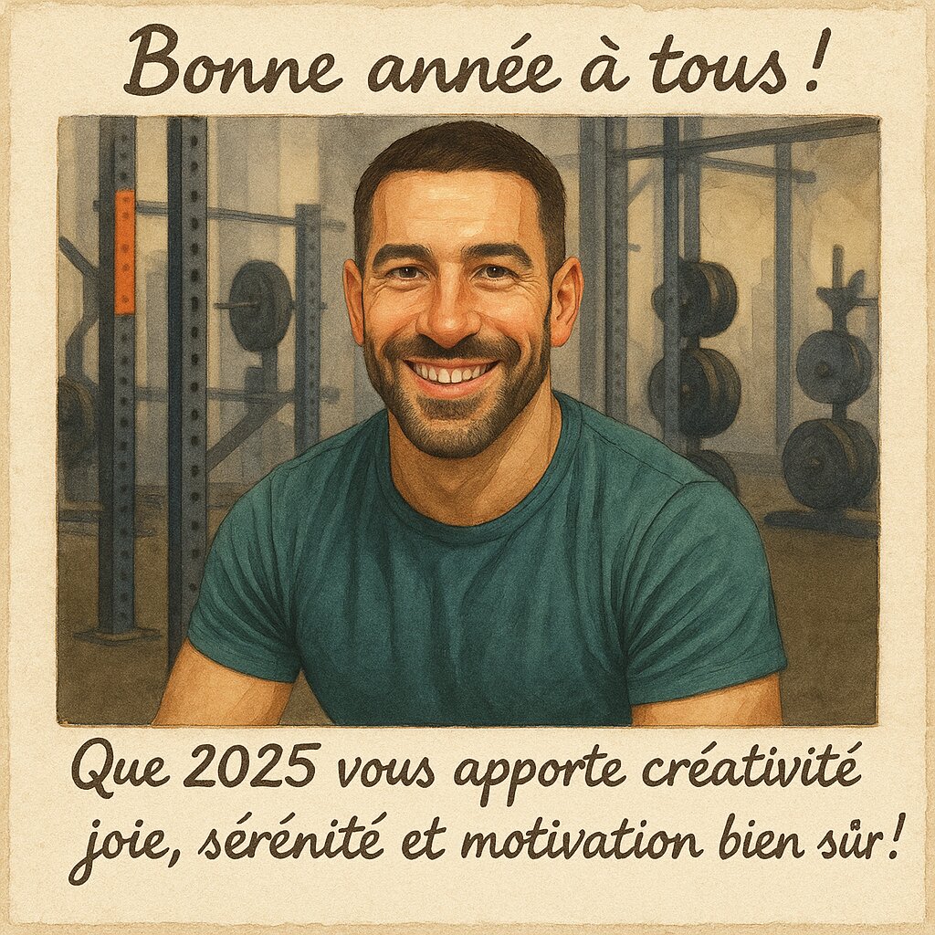 Carte de vœux illustrée façon peinture : un homme souriant en t-shirt vert dans une salle de sport. En haut, le message “Bonne année à tous !” et en bas : “Que 2025 vous apporte créativité, joie, sérénité et motivation bien sûr !”