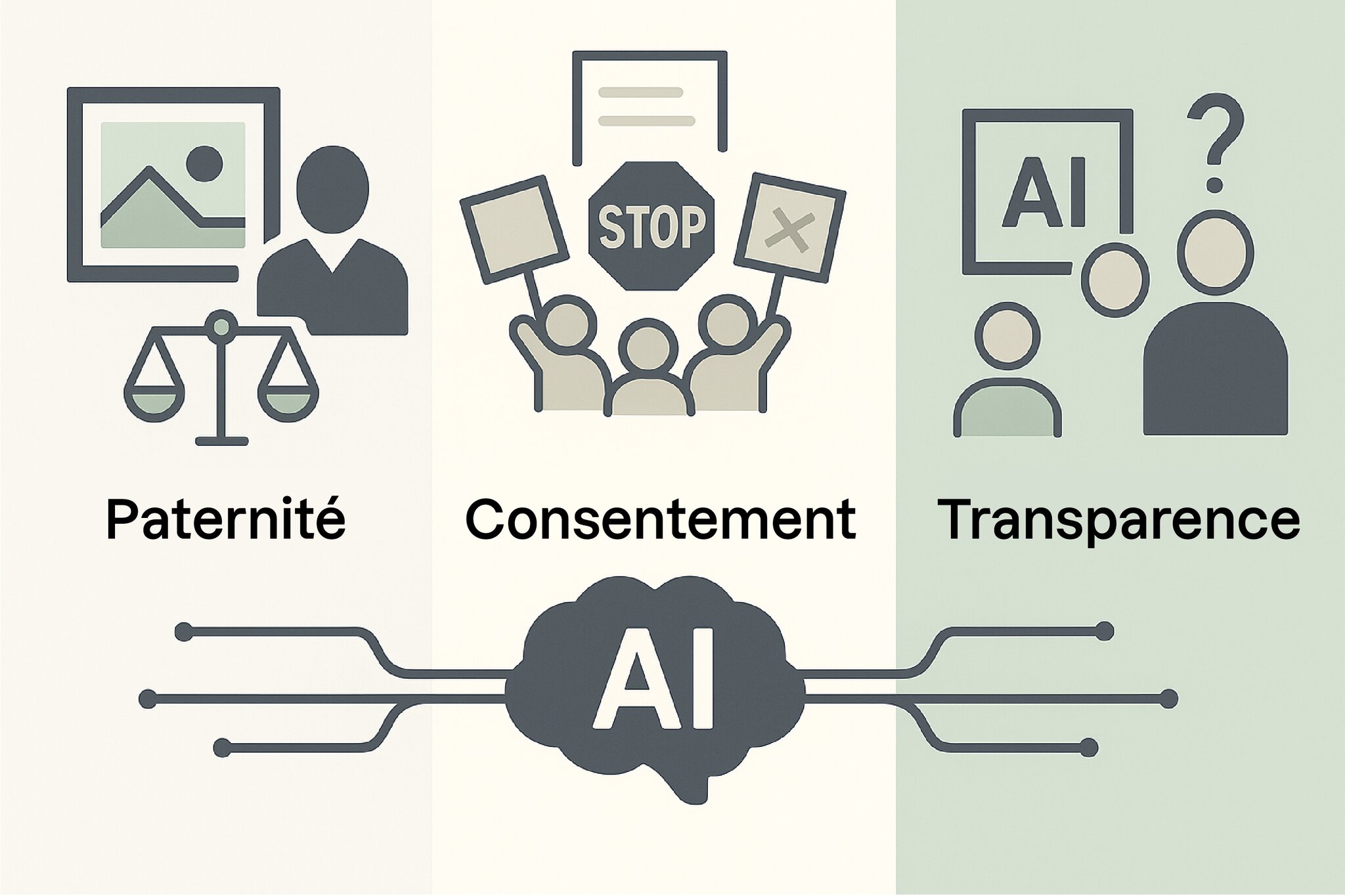 Illustration des enjeux éthiques liés à l’IA : paternité (reconnaissance des créateurs), consentement (accord sur l’utilisation des données) et transparence (compréhension du fonctionnement de l’IA), connectés à un cerveau central symbolisa
