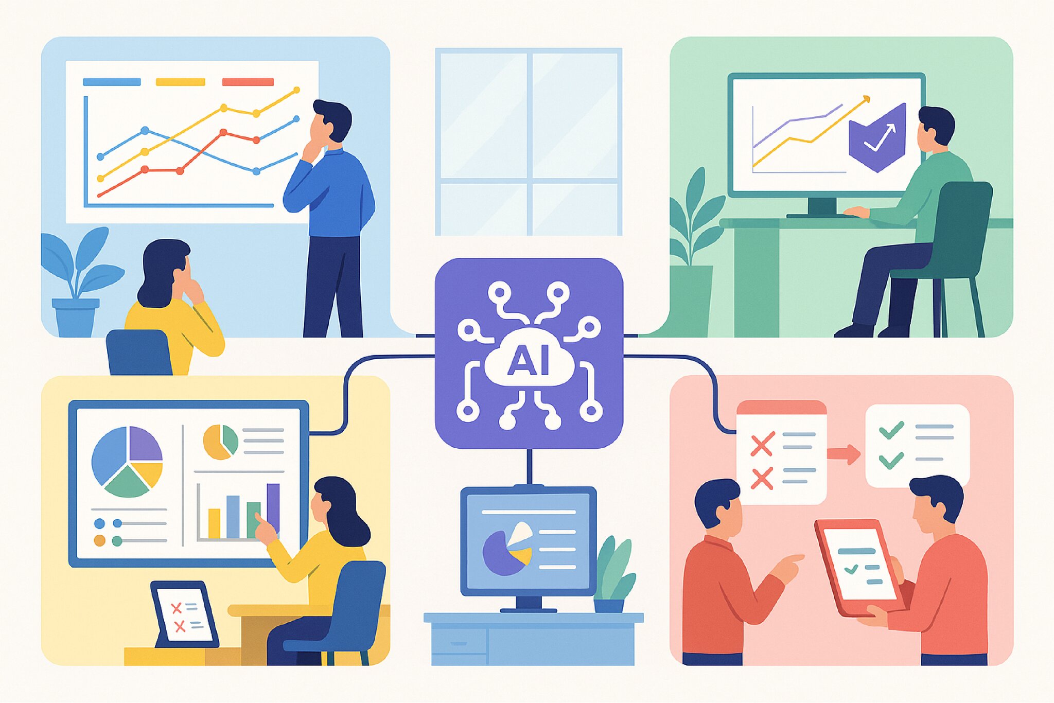 Illustration représentant une intelligence artificielle centrale connectée à plusieurs scènes de travail : des personnes analysent des graphiques, vérifient des données et collaborent, illustrant l’assistance de l’IA dans la prise de décision.