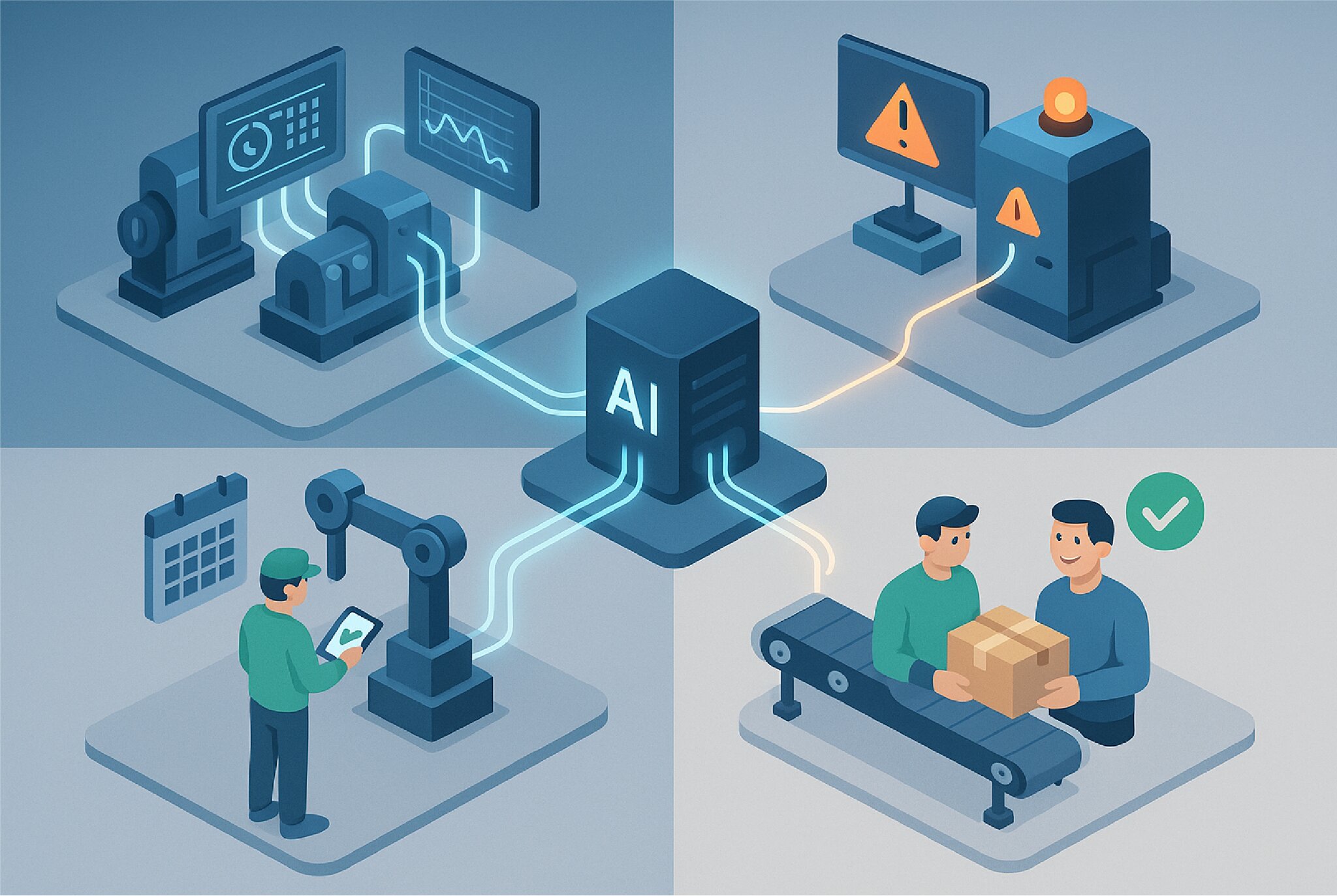 Illustration isométrique représentant une intelligence artificielle centrale connectée à différents processus industriels : surveillance de machines, détection d’anomalies, planification de production et livraison efficace, montrant l’IA au cœu