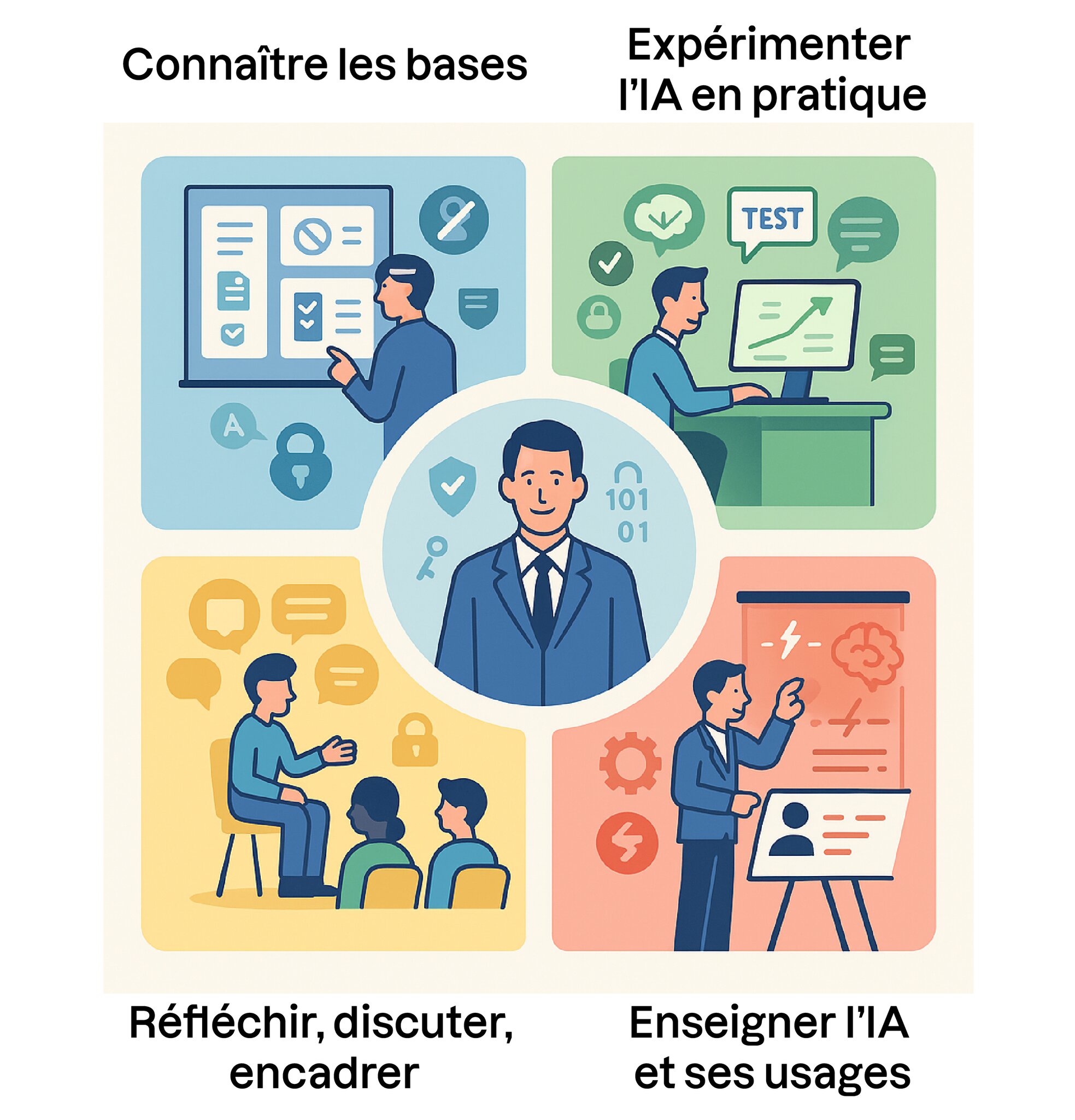 Illustration en quatre volets autour d’un personnage central en costume représentant un formateur IA. Les scènes montrent : apprendre les bases, expérimenter l’IA, réfléchir en groupe et enseigner ses usages, illustrant un parcours éducatif comp