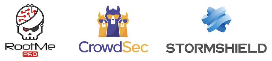 Logos de RootMe Pro, CrowdSec et Stormshield