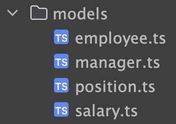 Dossier models contenant quatre fichiers TypeScript définissant les modèles : employé, manager, poste et salaire.