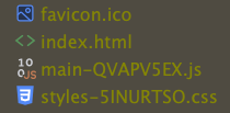 Vue d’un répertoire de build d’une application web avec les fichiers : favicon.ico, index.html, un JS (main-QVAPV5EX.js) et un CSS (styles-5INURTSO.css) versionnés.
