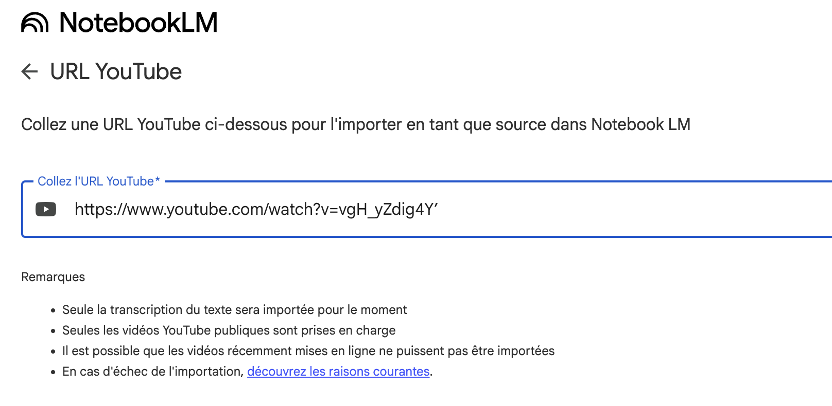 Coller une URL de vidéo sur NotebookLM