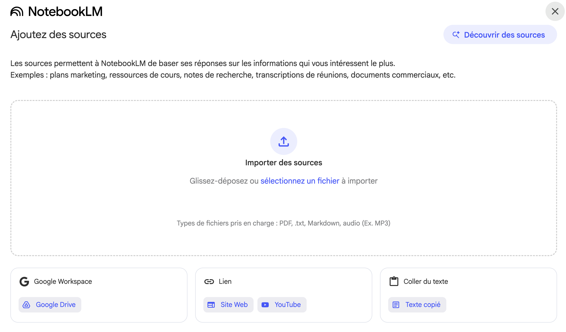 Les types de sources que l'on peut utiliser avec NotebookLM