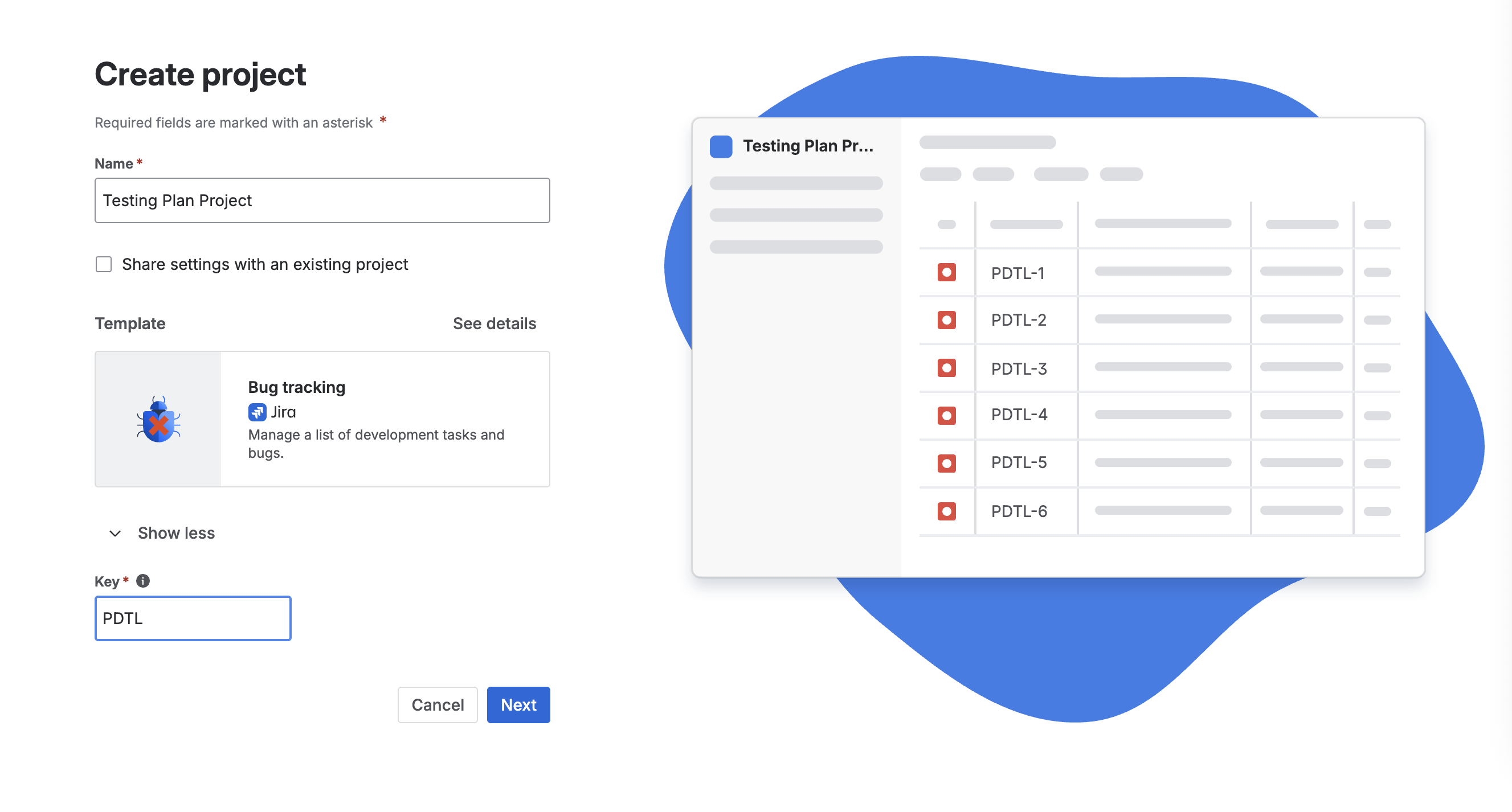 Capture d'écran de la page de paramétrage du modèle et du type de projet
