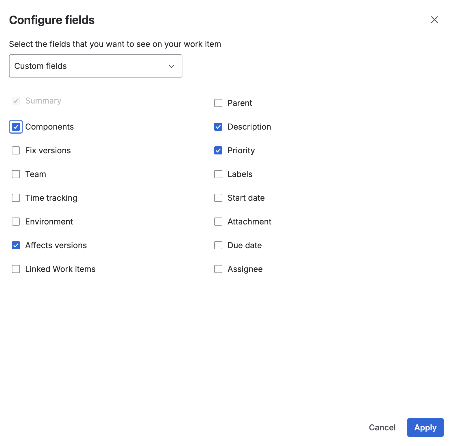 Screenshot of customization fields: for example, description, corrected versions, tags, attachments, related tickets, epic link, components, etc. We have checked description, components, priority, and affected versions.