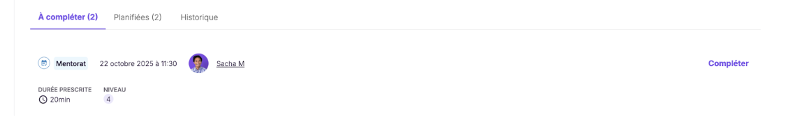 Cette capture d'écran montre le bouton Compléter la session, sur lequel il faut cliquer pour valider la session de mentorat.