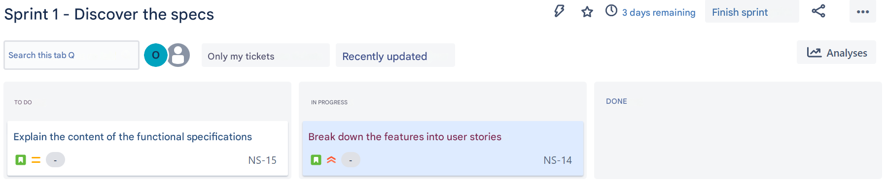 Example of user stories followed through a sprint