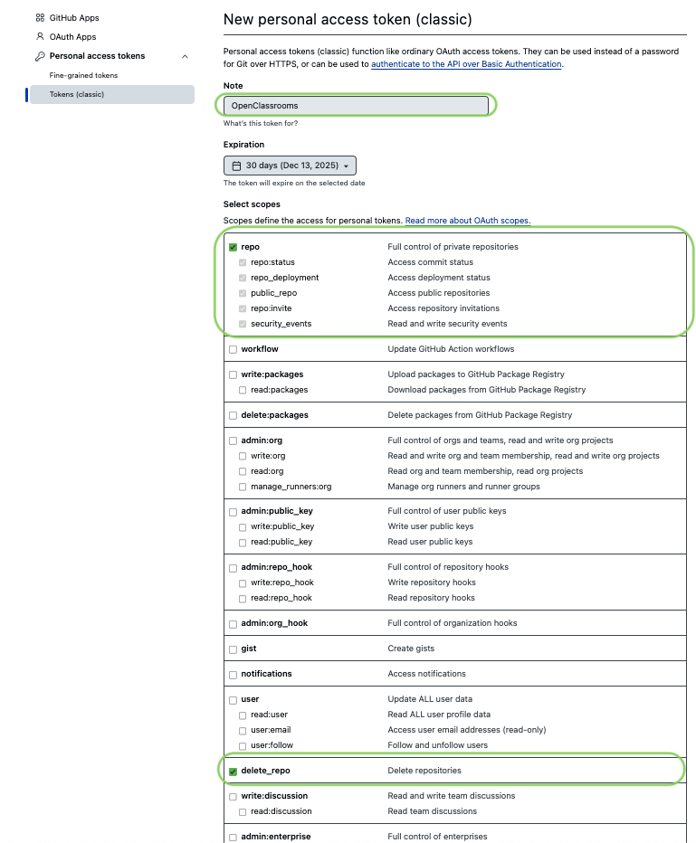 Page GitHub pour générer un token : Les éléments Note, repo et delete_repo sont encadrés en vert.