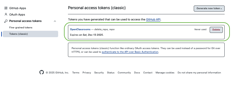 Actions possibles avec le token : delete_repo et repo. Ici, OpenClassrooms__delete_repo, repo est encadré en vert.