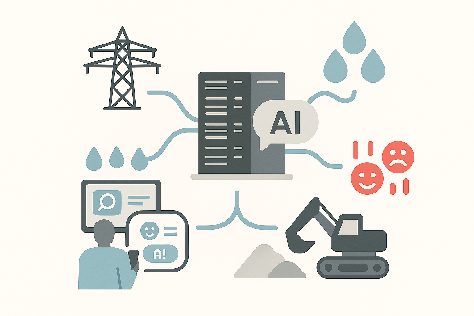 Illustration d’un serveur IA connecté à des icônes représentant l’électricité, l’eau, l’extraction de ressources, les émotions humaines et un utilisateur avec un écran.
