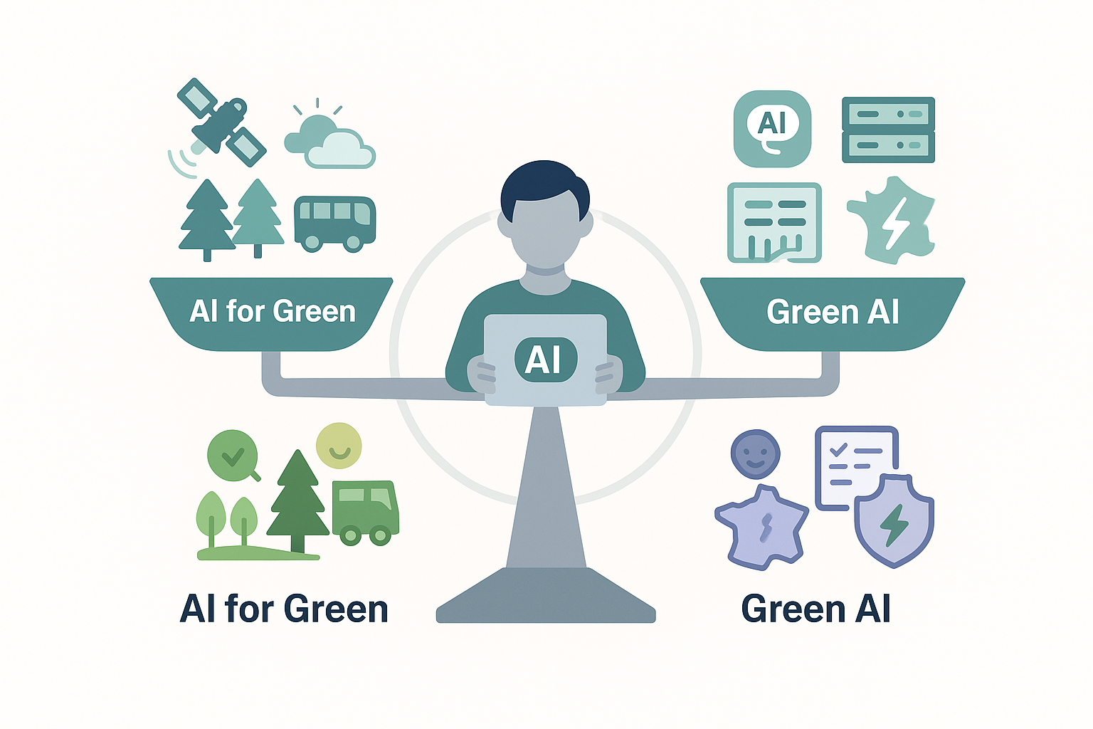 Illustration d’une personne tenant une tablette « AI », équilibrant deux concepts : « AI for Green » (IA au service de l’environnement) et « Green AI » (IA conçue de manière durable).