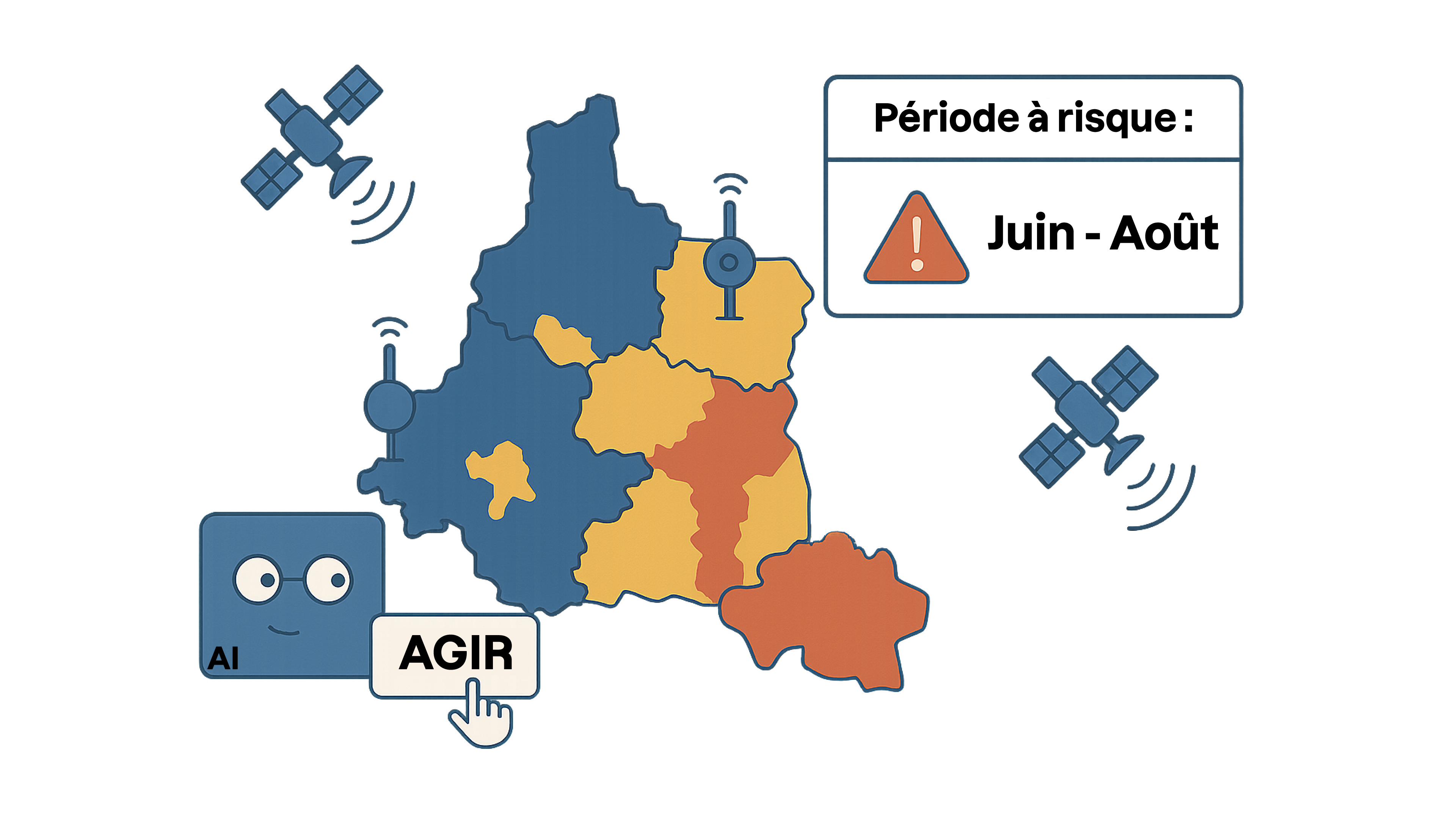 Carte colorée avec zones à risque (en rouge et orange) identifiées par une IA pour la période critique « Juin - Août », avec des satellites et capteurs surveillant les régions ; un bouton « AGIR » est activé par l’IA.