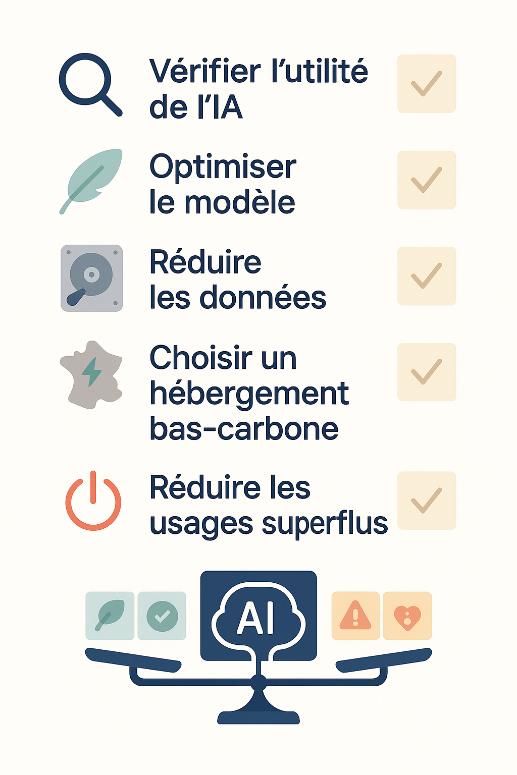 Liste de bonnes pratiques pour une IA plus durable : vérifier son utilité, optimiser le modèle, réduire les données, choisir un hébergement bas-carbone et limiter les usages superflus, avec des icônes illustratives et cases cochées.